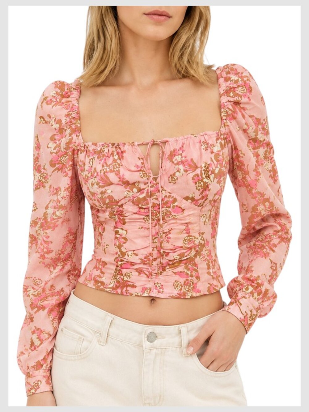 Free People Hilary Printed Top Pink Peach Floral Cropped Puff Sleeve S